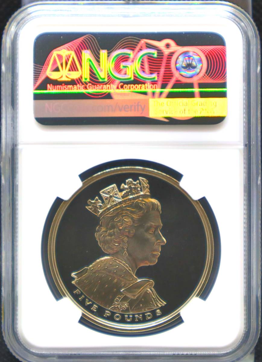 1円出品 準最高鑑定 2002年 イギリス 銀貨 5ポンド NGC ゴールデン 
