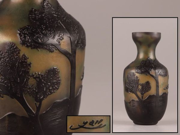 古美術 西洋美術 ガラス工芸 エミール・ガレ 花瓶 細密細工 極上品 初