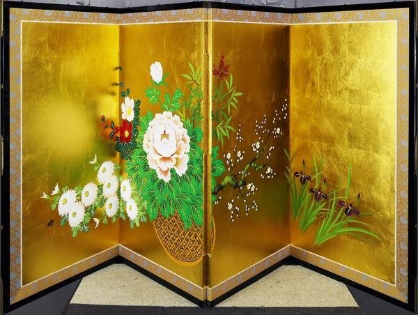 真作】【WISH】江崎順造「四季の花」日本画 大作 1989年作 金箔仕様 四 