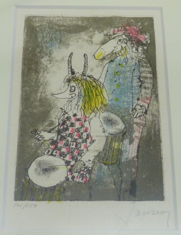 A063-S3-11870 ジャン・ジャンセン 「仮面をつけた二人の鼓手」 リトグラフ 146/150 1981年製作 サイン入り 額装 タトウ箱付き 現状品①