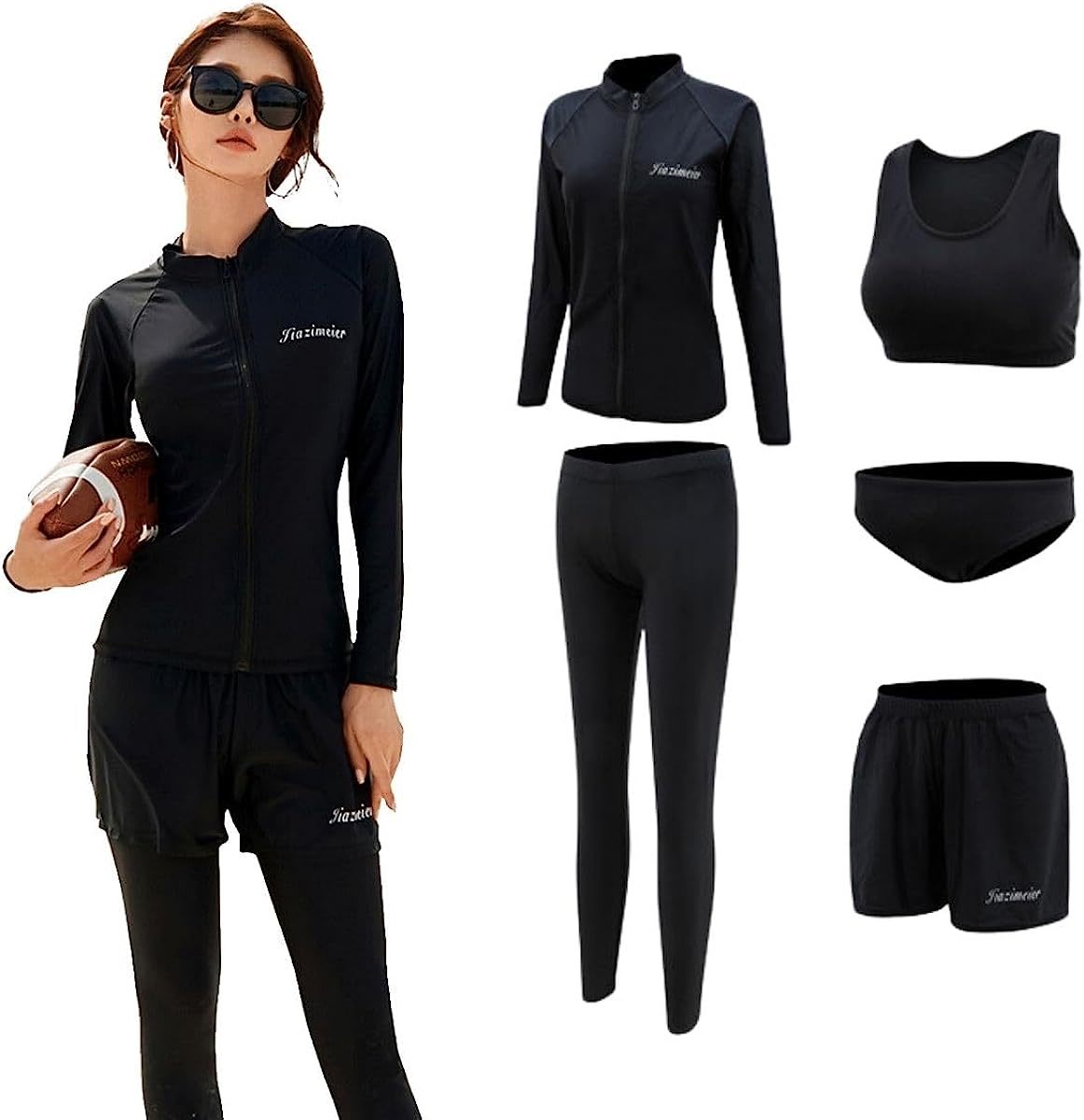 [Winsuteki] 水着 レディース 5点セット フィットネス水着 長袖ラッシュガード スポーツブラ 体型カバー セパレート タンキニ オシャレ