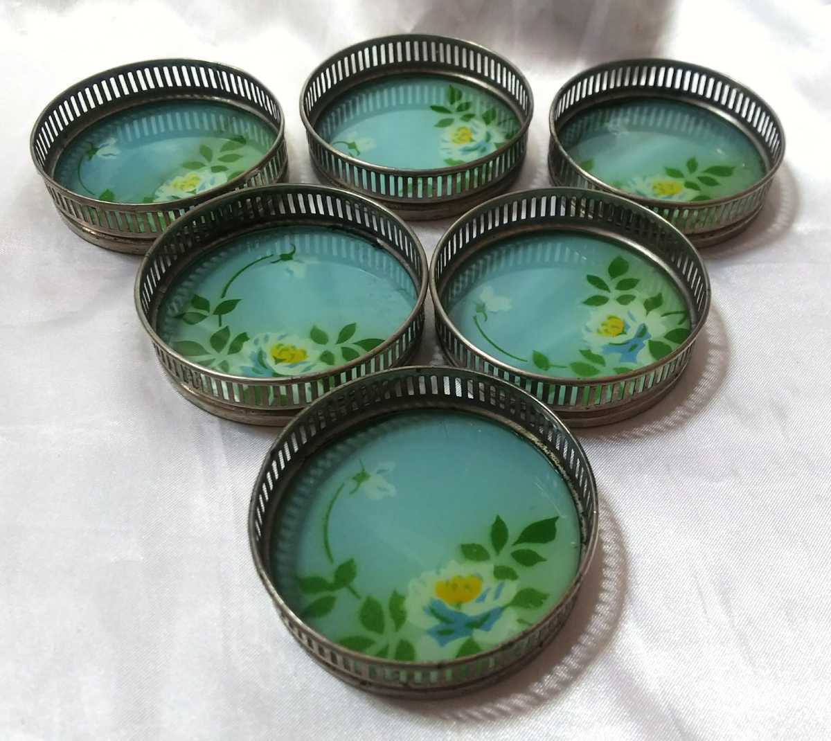 昭和レトロ コースター&トレー ガラス絵 6客 お盆 バラの花 茶器 昭和レトロ コースター&トレー ガラス絵 6客 お盆 バラの花 茶器