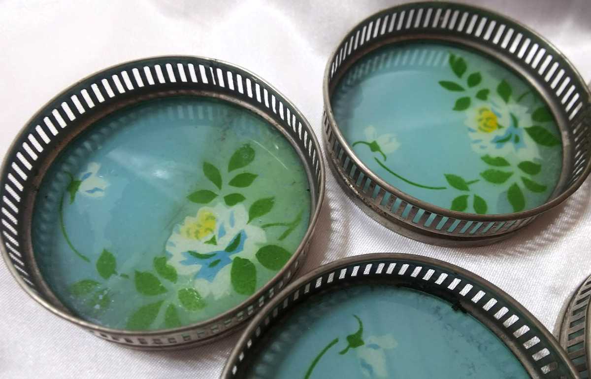 昭和レトロ コースター&トレー ガラス絵 6客 お盆 バラの花 茶器 昭和レトロ コースター&トレー ガラス絵 6客 お盆 バラの花 茶器