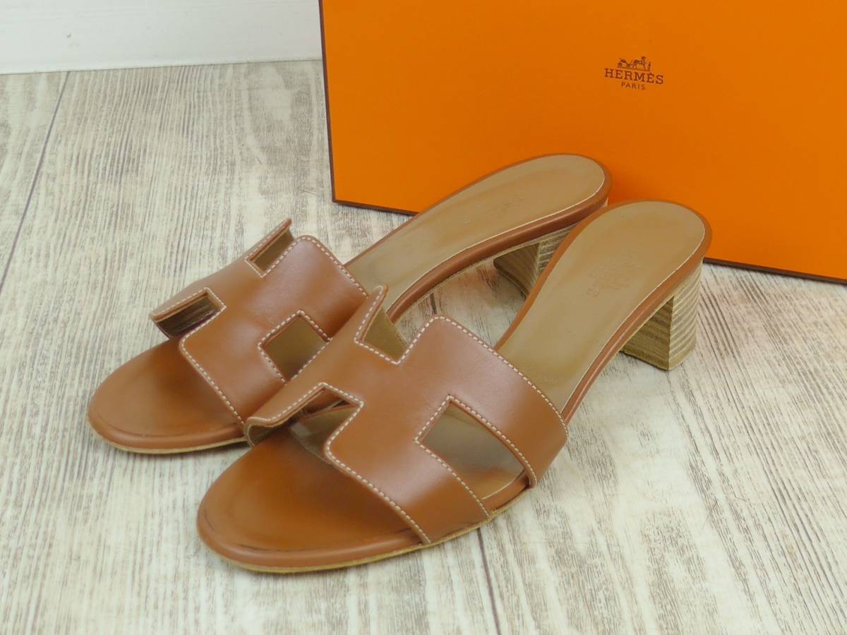 HERMES エルメス Oasis オアジス レディス Hレザーサンダル36 ゴールド