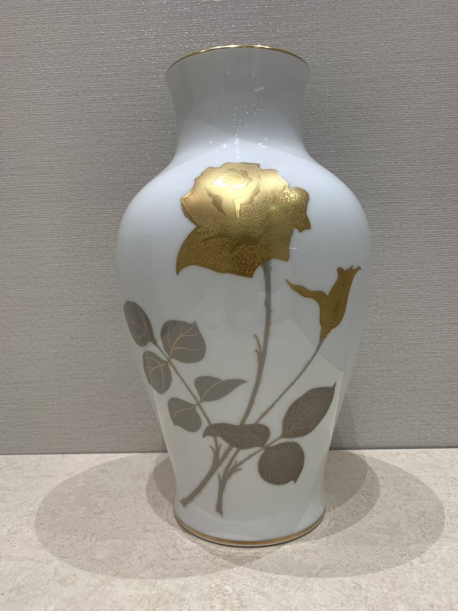 M1177 OKURA 美品 大倉陶器 金のバラ花瓶 高さ 36㎝ 口径 11.5㎝ 綺麗