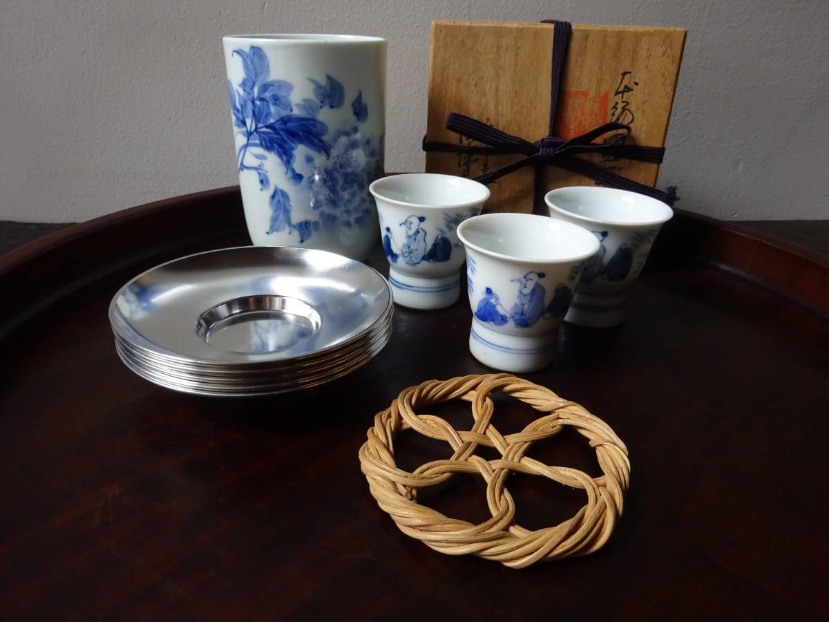 華中亭道八 牡丹図 湯呑 1客 竹軒 竹林人物図 湯呑 3客 籐編 輪繁紋 急須台 清課堂造 本錫圓式子 5客 茶托 10点まとめて