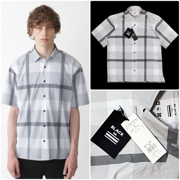 新品 ブラックレーベルクレストブリッジ BLACK lab. 半袖 CBチェック シャツ メンズ 男性用 L グレー 白 クールビズ ポロシャツ Tシャツ