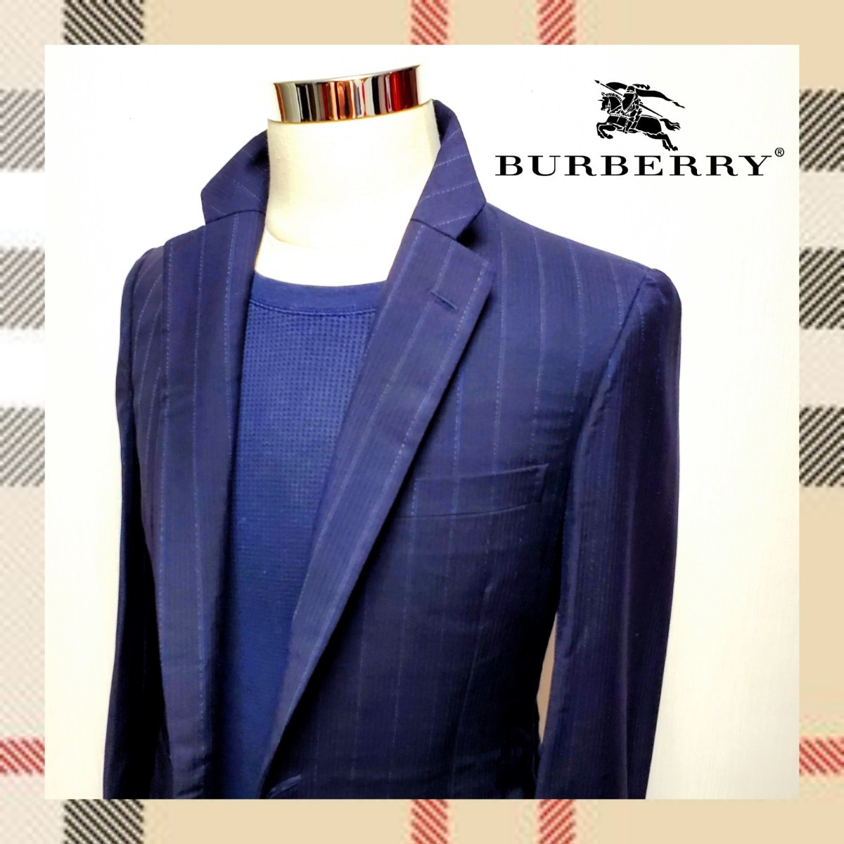 薄手のサマージャケット　BURBERRYS　バーバリーズ　モヘア混ウール100％　テーラードジャケット　ブルーストライプ　Mサイズ　ネイビー