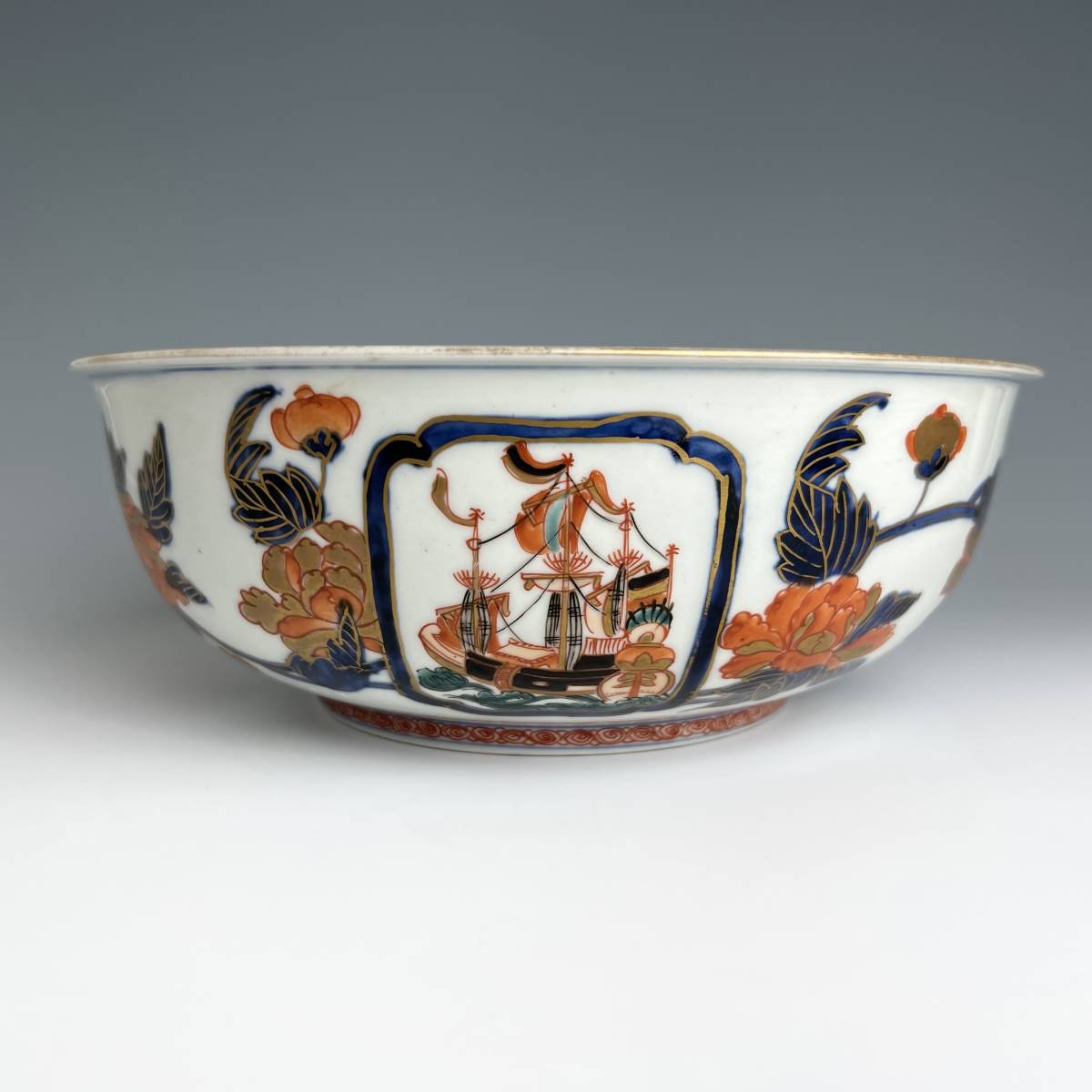 A316 優品 古伊万里 色絵五舶文鉢 金襴手 南蛮船 西洋人 江戸