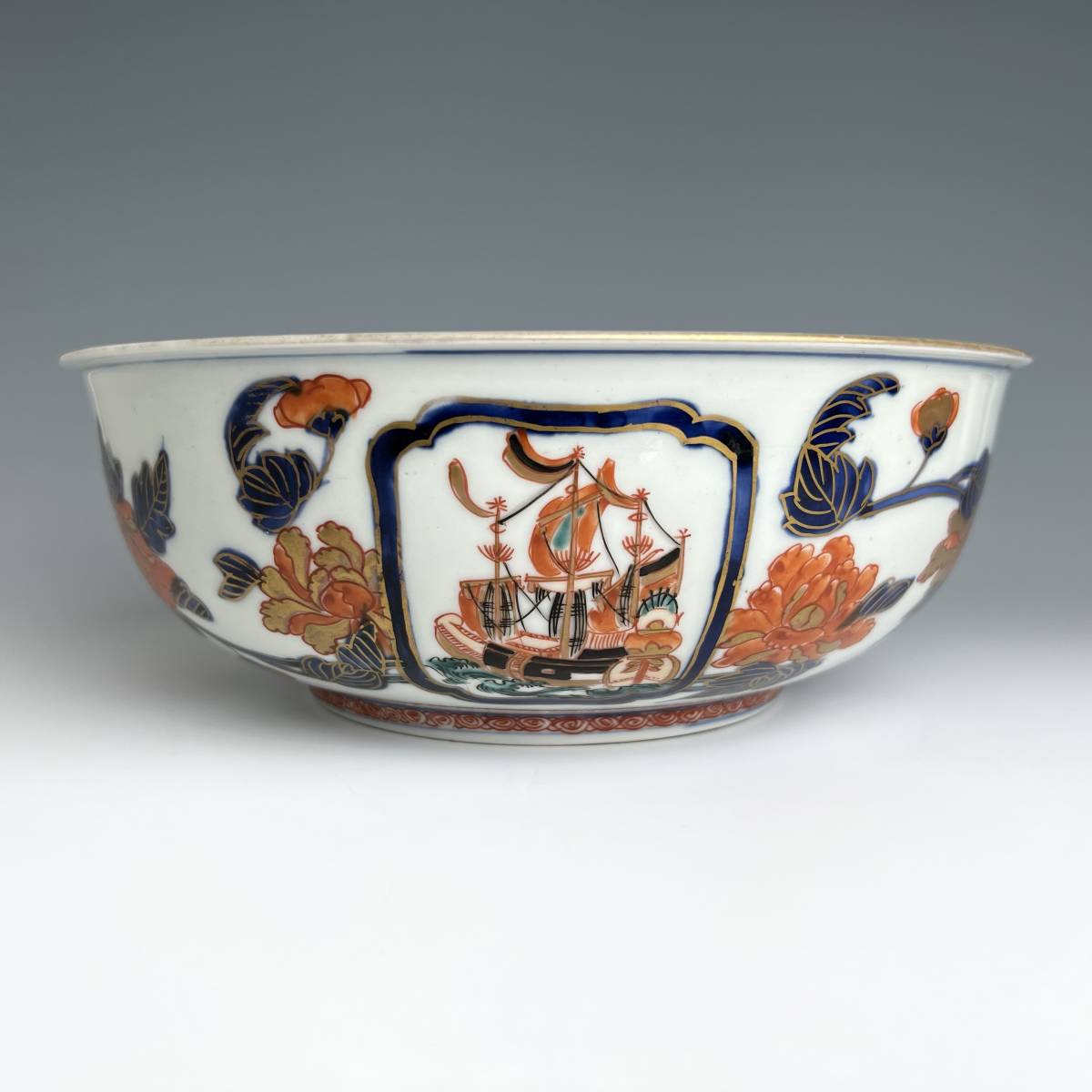A316 優品 古伊万里 色絵五舶文鉢 金襴手 南蛮船 西洋人 江戸