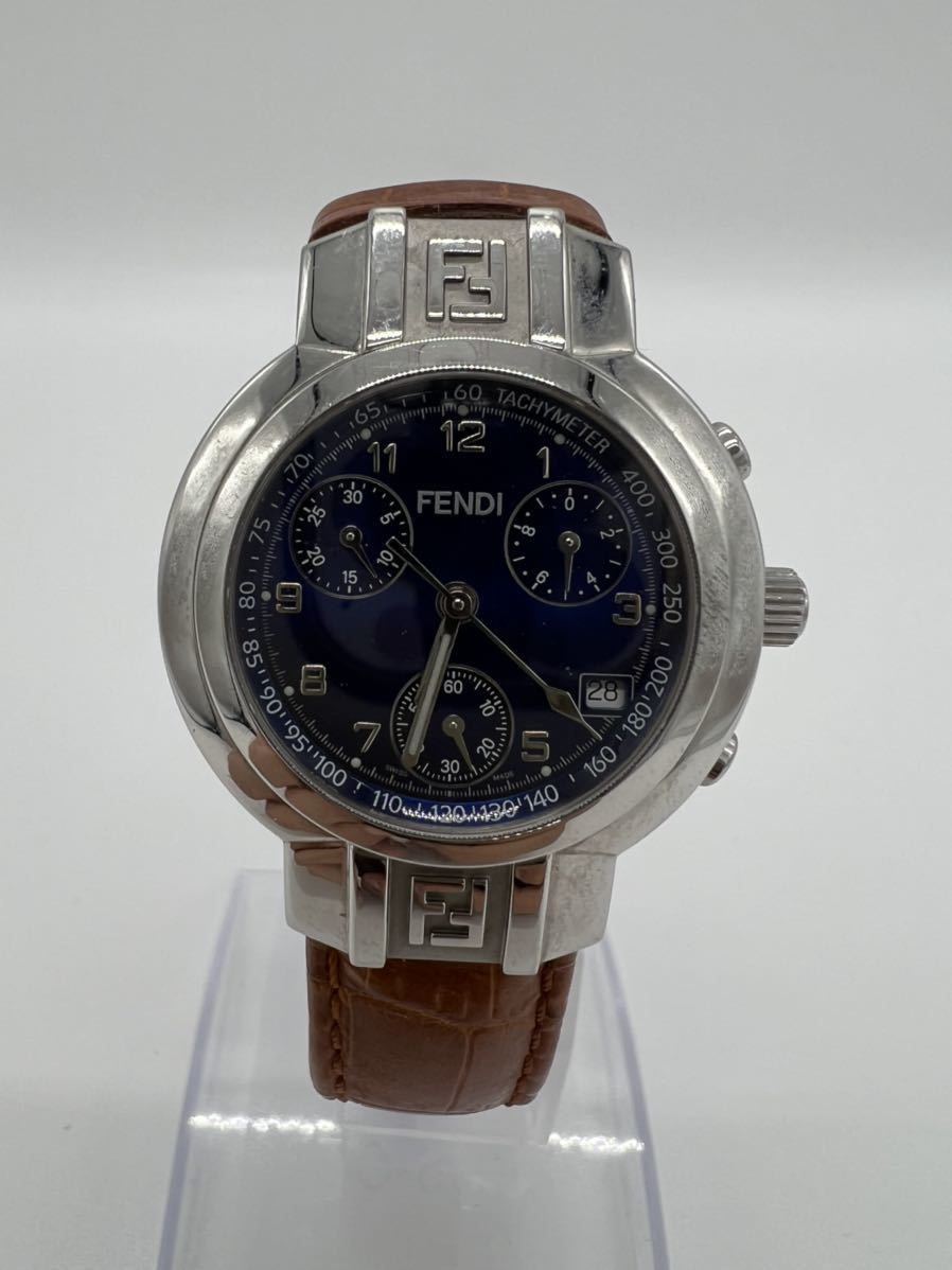 フェンディ FENDI 腕時計 クロノグラフ クォーツ 革ベルト ブルー文字盤 4500L 不動