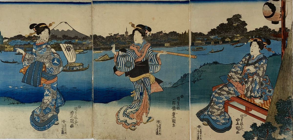 【真作】歌川国貞「望遠鏡 三枚続」本物 浮世絵 大判 錦絵 木版画