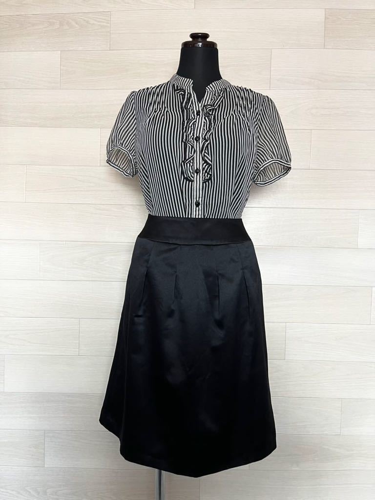 Aya＊上下セット＊ひらひら シフォン フリル ブラウス＊ストライプ＊可愛い×艶々 ツルツル＊超光沢スカート＊BLACK＊秘書＊女子アナ