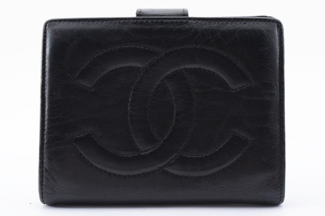 CHANEL 二つ折り 財布 キャビアスキン ココマーク がま口 デカココ 黒