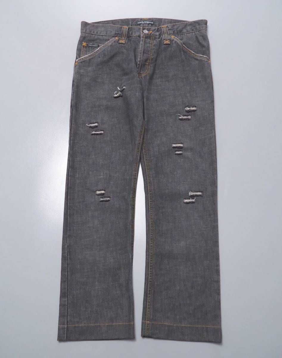 GN7265◎ドルチェ＆ガッバーナ イタリア製 メンズ46 ブラックデニム メタルロゴプレート ボタンフライ ダメージ加工 パンツ ジーンズ