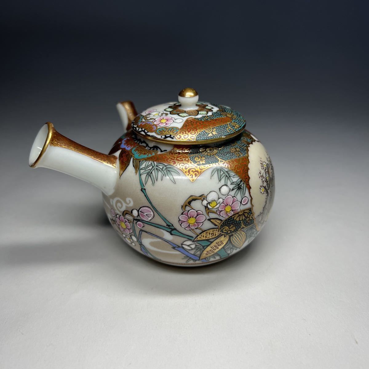 エ】急須 九谷焼 陶苑 色絵 金彩 青粒 人物図 花鳥文 煎茶道具 茶器