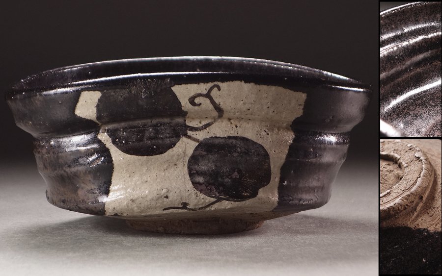 ∇花∇江戸時代中期 黒織部吊柿文沓茶碗 軽妙洒脱な文様表現 秀逸時代茶道具 ◇18