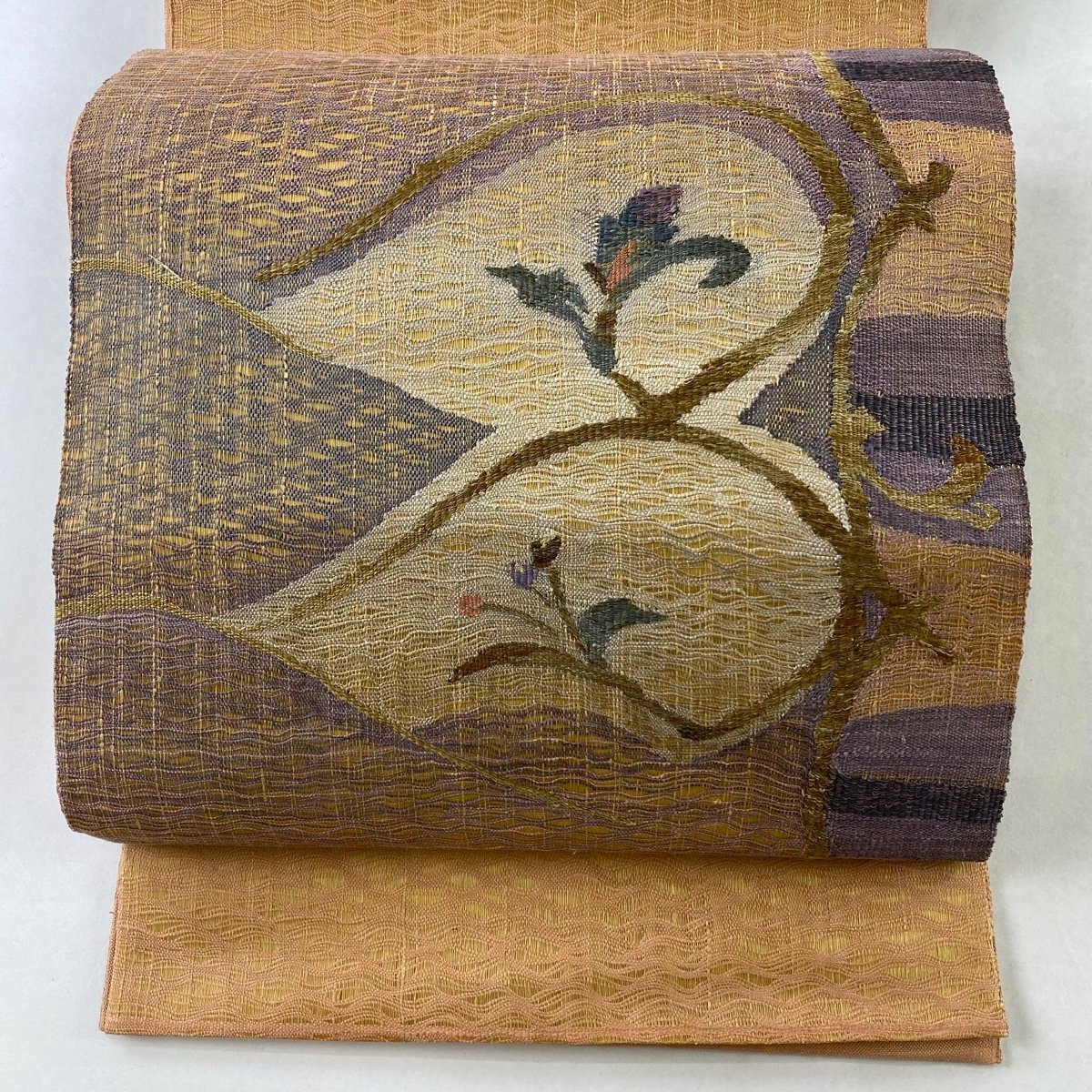 袋帯 美品 秀品 草花 金糸 オレンジ お太鼓柄 正絹 【中古】