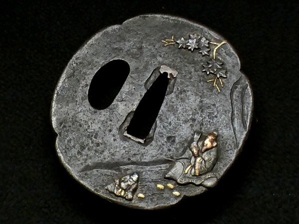 【海】刀装具　江戸期　鉄地　金銀象嵌色絵 秋草図 小柄　古金工 海】刀装具江戸期鉄地金銀象嵌色絵 秋草図 小柄古金工