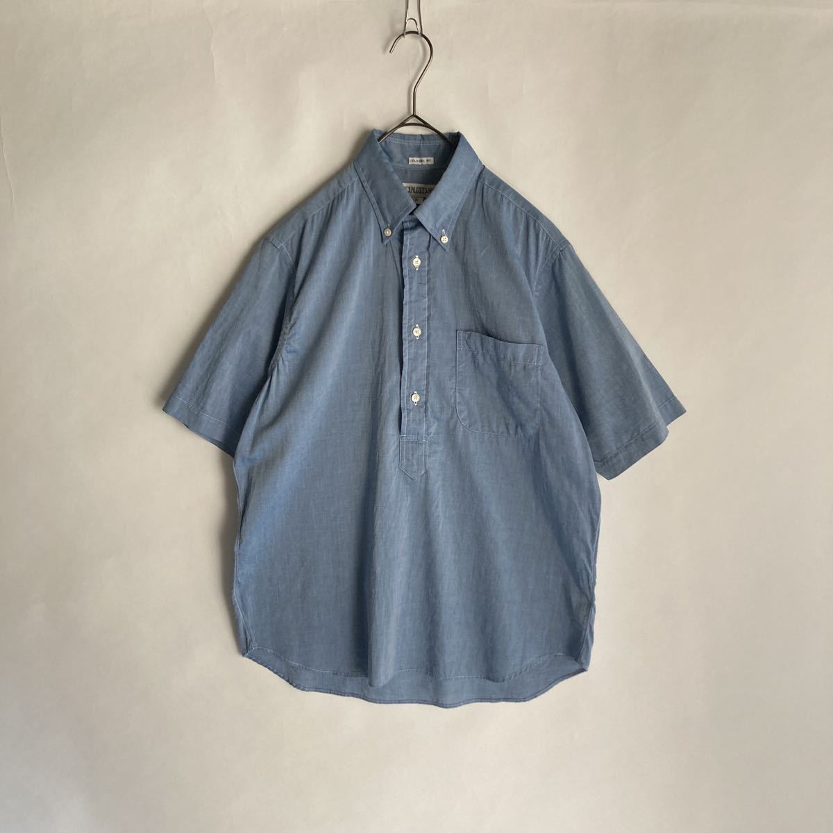【美品】INDIVIDUALIZED SHIRTS CLASSIC FIT アメリカ製 シャンブレー プルオーバー ボタンダウン シャツ 半袖 ゆったりめ ブルー size 14