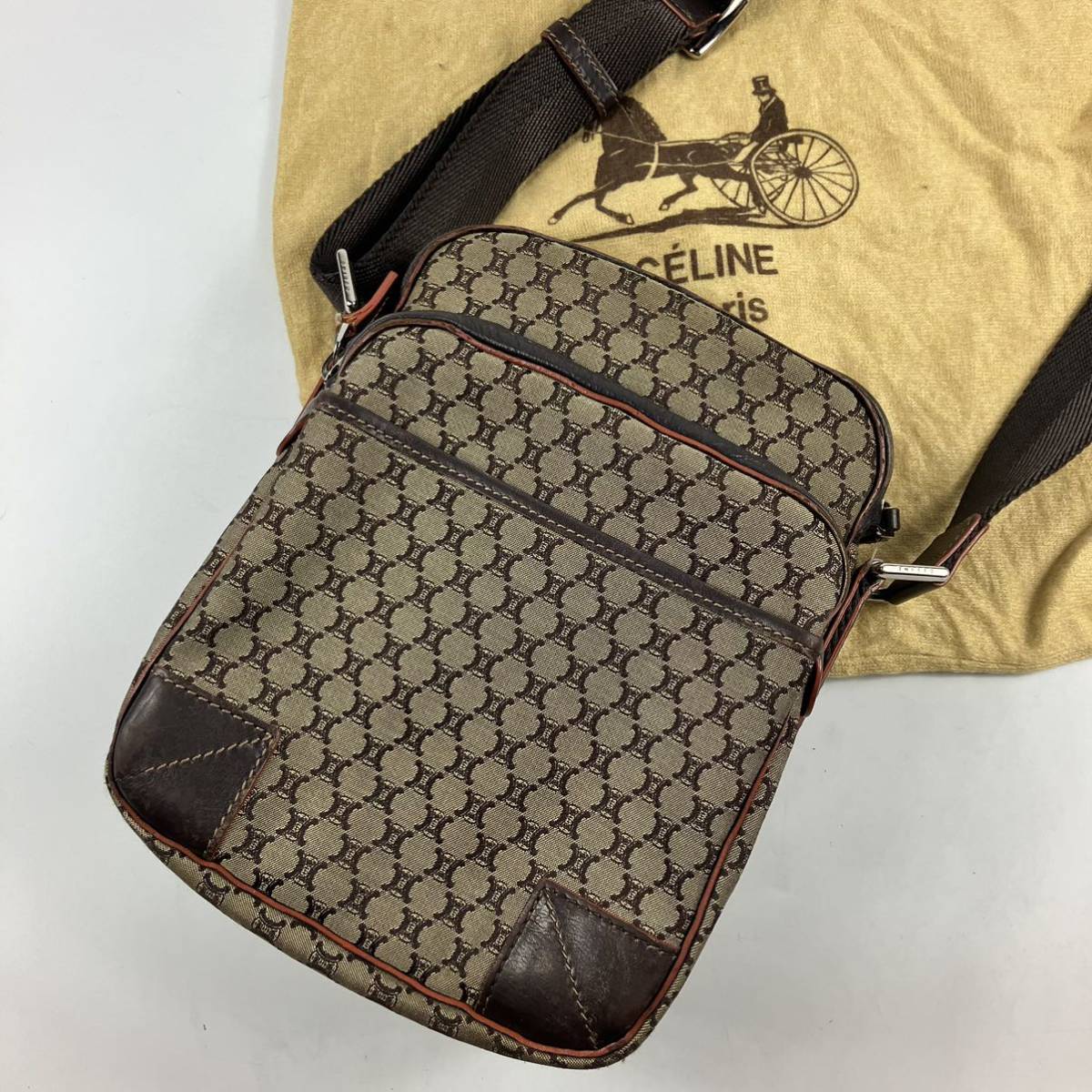 1円【最高級】 CELINE セリーヌ ショルダーバッグ パリマカダム ベージュ キャンバス カメラバッグ トリオンフ ベージュ ダークブラウン
