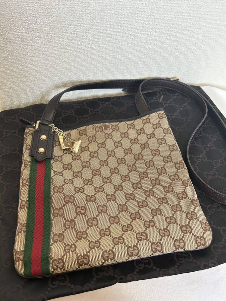 GUCCI グッチ ショルダーバッグ キャンバス GG柄 シェリーライン レザー 本革 チャーム フット ホースビット メンズ レディース