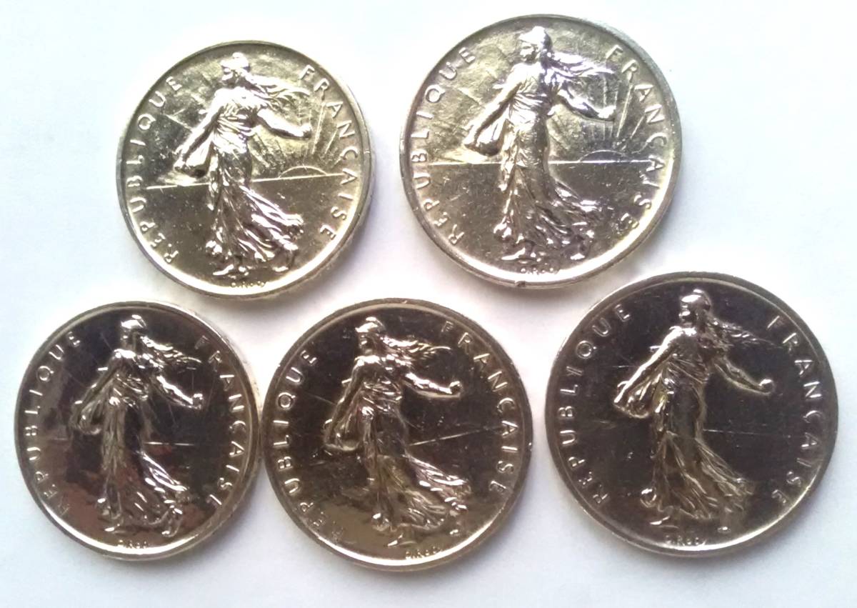 フランス5フラン銀貨。1964年 5枚