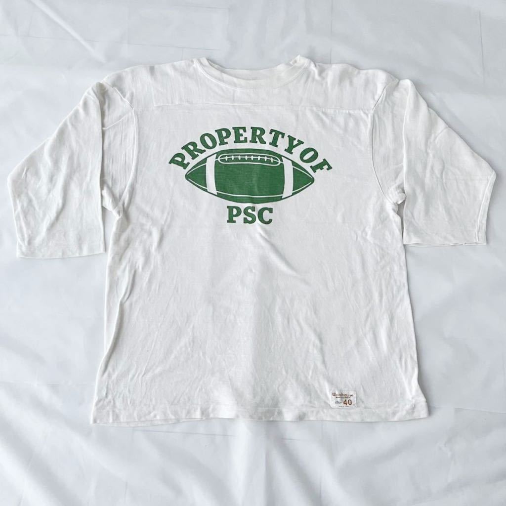 染み込みプリント ウエアハウス フットボールTシャツ MADE IN JAPAN 日本製 40 白 緑 （検 WAREHOUSE ビンテージ 復刻 70's タタキタグ60's