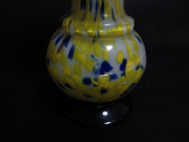 XU579 工芸品/大正ロマン/吹きガラス/花瓶/黄色系/吹雪模様/高さ17cm