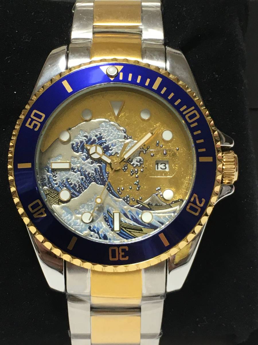 浮世絵 北斎 24K金箔貼り文字盤　蒔絵仕上げ メンズ ダイバータイプ クォーツ 新品