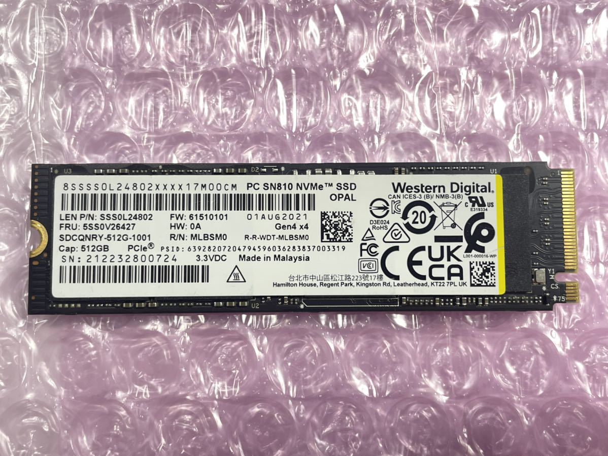Western Digital PC SN 810 NVMe SSD 512GB M.2 使用時間2時間