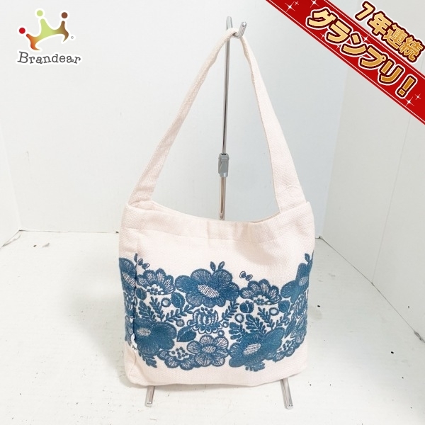 ミナペルホネン mina perhonen (mina) トートバッグ - 麻×コットン ライトピンク×ブルーグリーン 花柄/刺繍 バッグ
