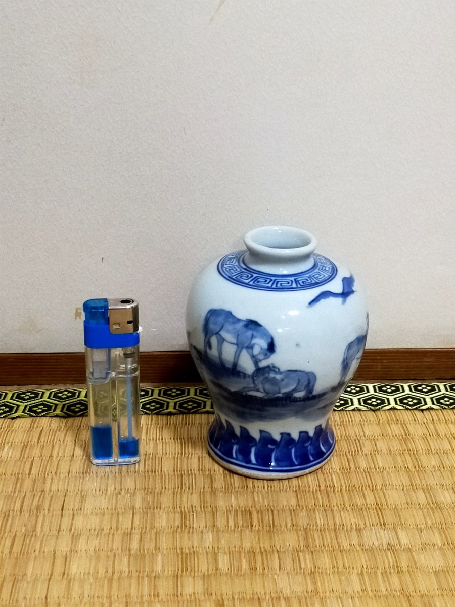 X-中国古美術 時代物 染付 茶碗 茶道具 人物図 青花 在銘 共箱付 唐物