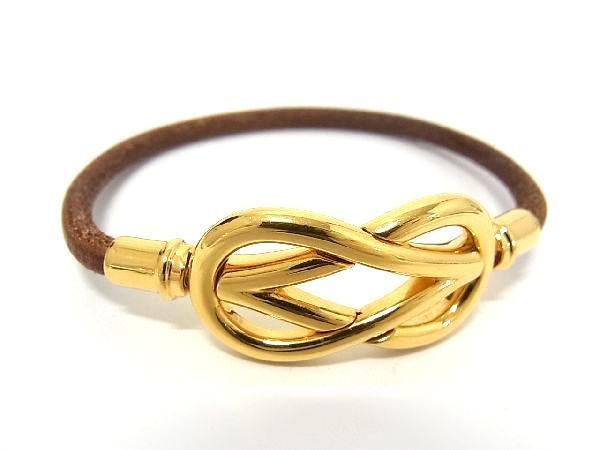 1円 ■美品■ HERMES エルメス レザー ゴールド金具 ブレスレット アクセサリー ブラウン系 AR0445