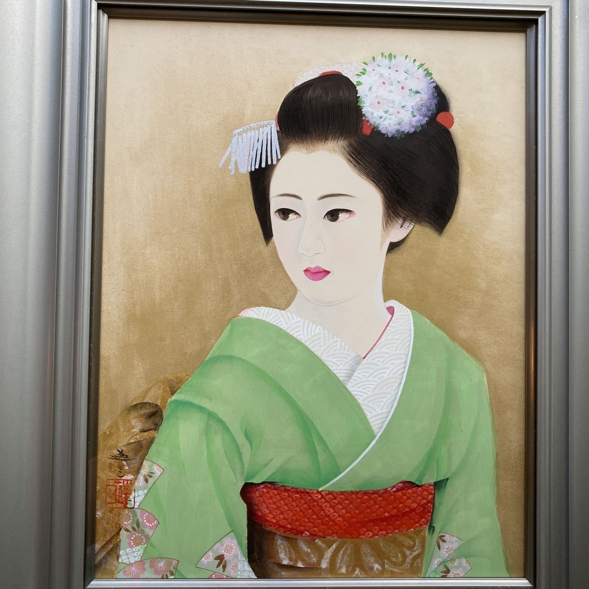 清水達三 「舞妓」 日本画 6号 額装のみ(人物、菩薩)｜売買された