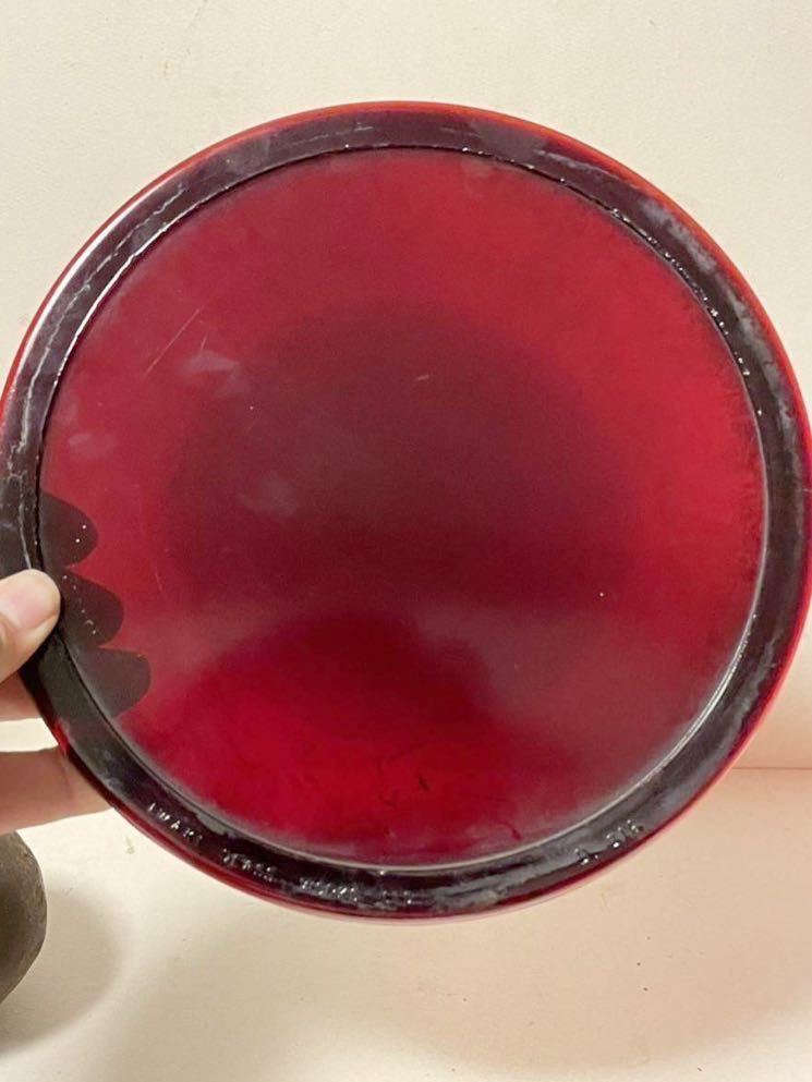 珍品です！戦前戦後　金赤銅赤ガラスの見立て盆　立ち上がり低い木地盆代わりの酒器盆！ウラン反応！国鉄ねた腕木式信号機のレンズです！