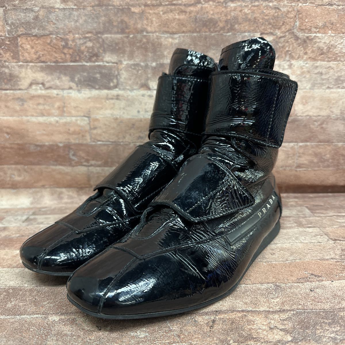 g PRADA プラダ エナメル ハイカット ブーツ 6.5 約 25.5cm ブラック