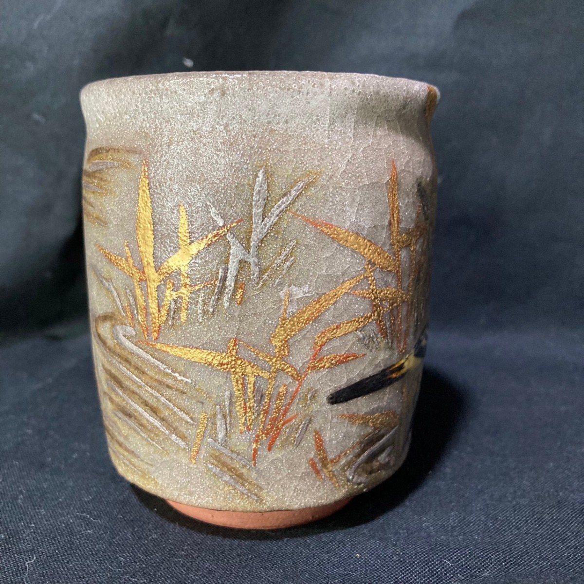 鈴木爽司 真作 色絵金銀彩花鳥図 湯呑