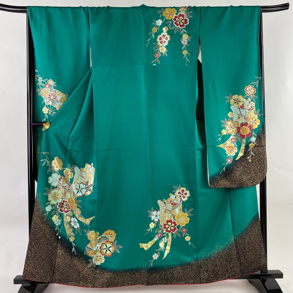 振袖 身丈161cm 裄丈67.5cm L 袷 御所車 桜 金銀糸 ぼかし 緑 正絹 秀品 【中古】