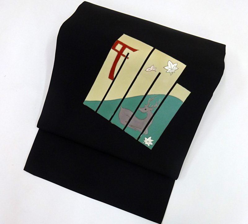 日本橋つつ井】=正絹 塩瀬 染名古屋帯 源氏香 安芸の宮島 黒地 手刺繍