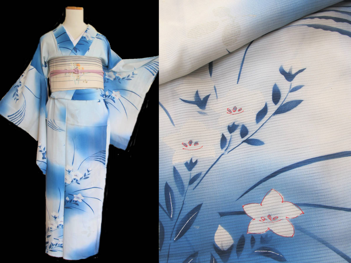 儚げ　白桔梗　浅葱ぼかし　アンティーク絽着物　銀彩　ススキ