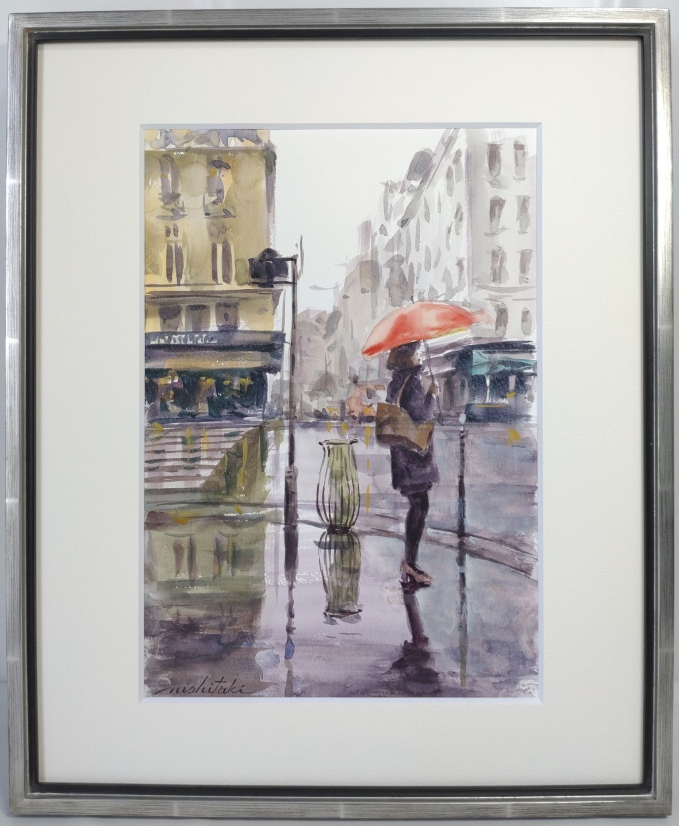 10『真作 水彩画/一枚の絵取扱・人気作家【西滝直人】「雨のパリ」裏書