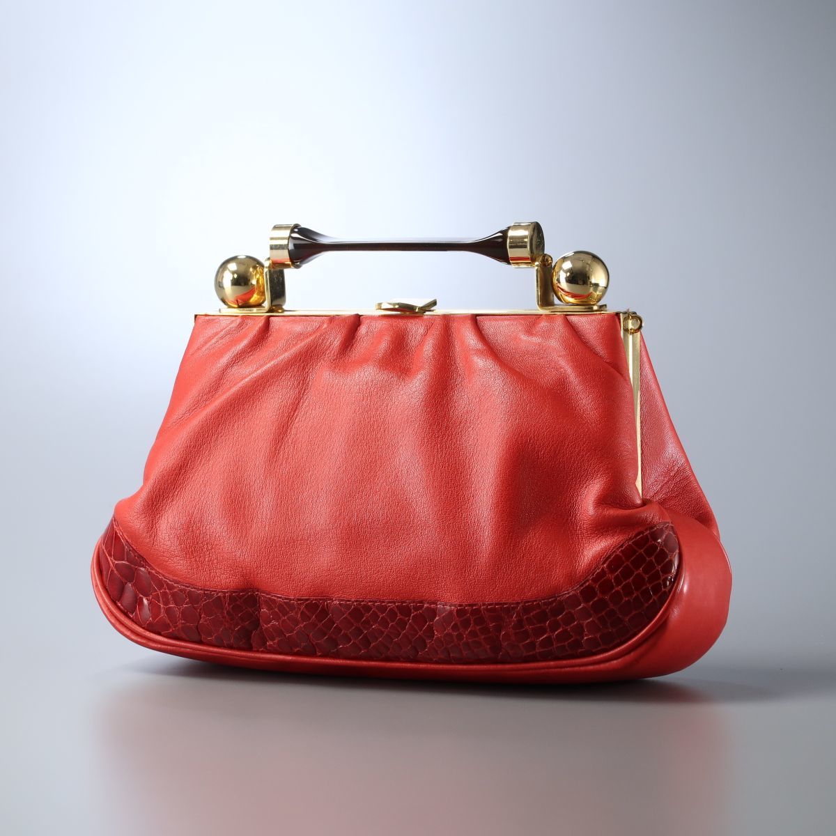 MF2997▽イタリア製*ザリアーニ/ZAGLIANI*本革*レザー×アリゲーター*本ワニ革*ハンドバッグ*口枠*手提げ鞄*レッド系*レディース
