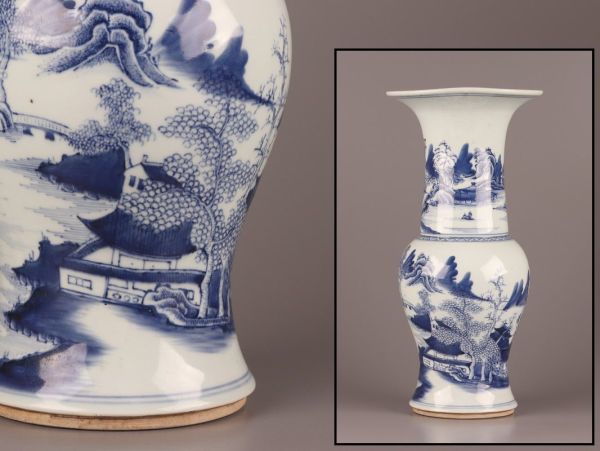 工芸品 旧家収蔵 中国古玩 極細工 時代物【青花鳥双耳賞瓶】 東洋彫刻