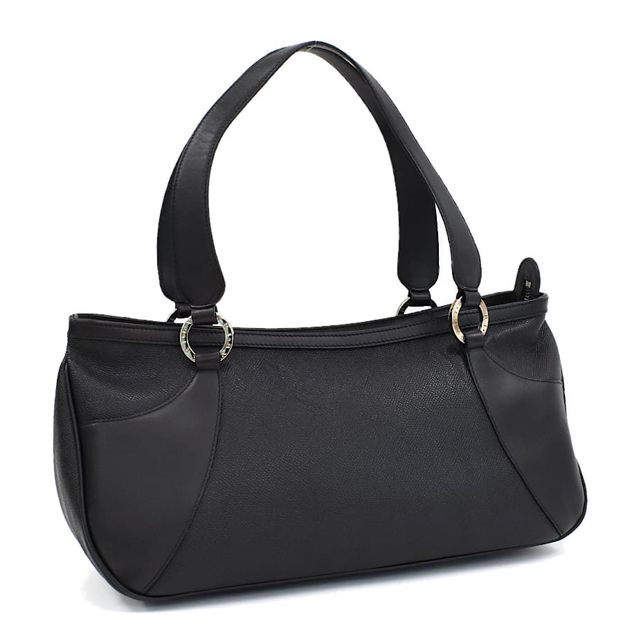 1円 ◆極美品 BVLGARI ブルガリ ハンドバッグ セミショルダー ブルガリブルガリ クロスグレインレザー ブラック◆E.Csme.oR-22