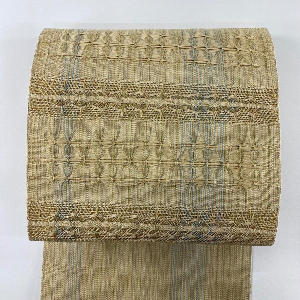名古屋帯 美品 秀品 縞 幾何学 金糸 ベージュ 正絹 【中古】