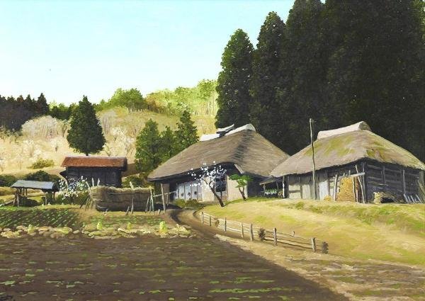 真作】【WISH】佐藤忠彦「梅の花と田舎家 茨城県大子町」油彩 4号 〇