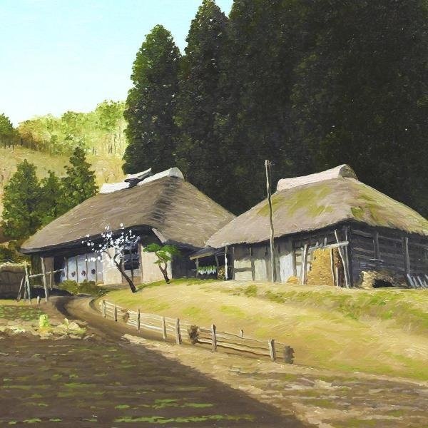 真作】【WISH】佐藤忠彦「梅の花と田舎家 茨城県大子町」油彩 4号 〇