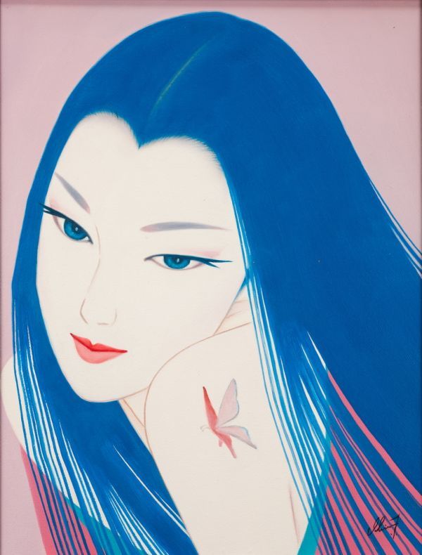 真作□鶴田一郎 版画 GENJI 紫の上 直筆サイン□絵画 美人画 ノエビア