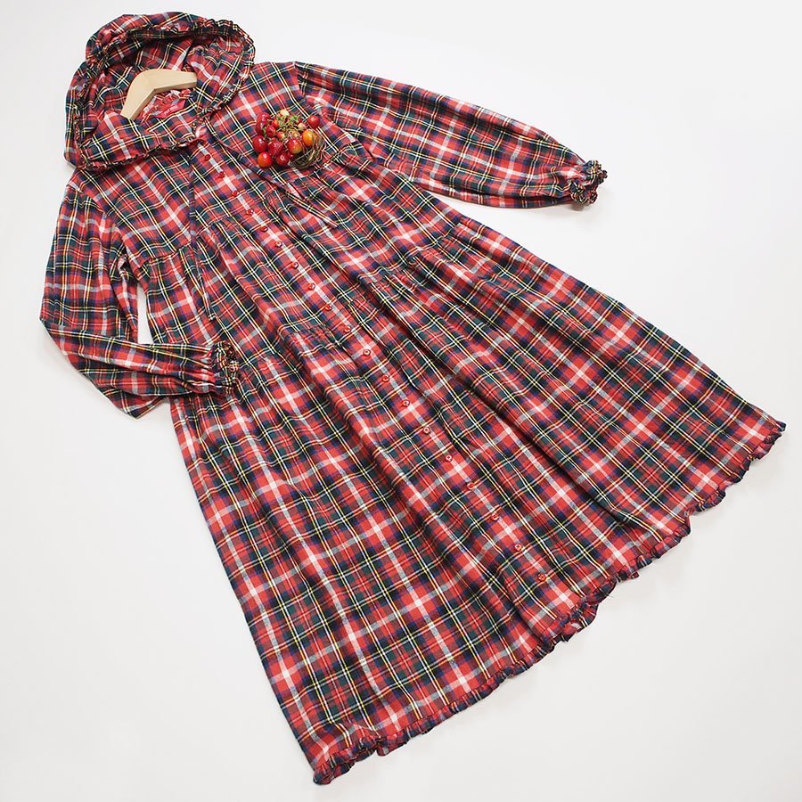 【美品】ピンクハウス 赤系 シャギーチェックワンピース /2022AWコレ/定価46200円/フリーサイズ/I18-2005